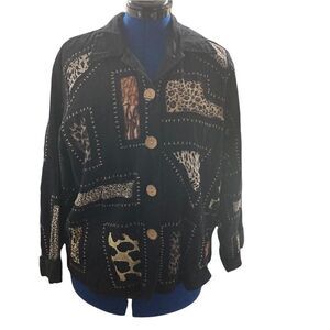 NEW DIRECTION. Woman’s Black Shacket, Size Large, patchworks of animal print